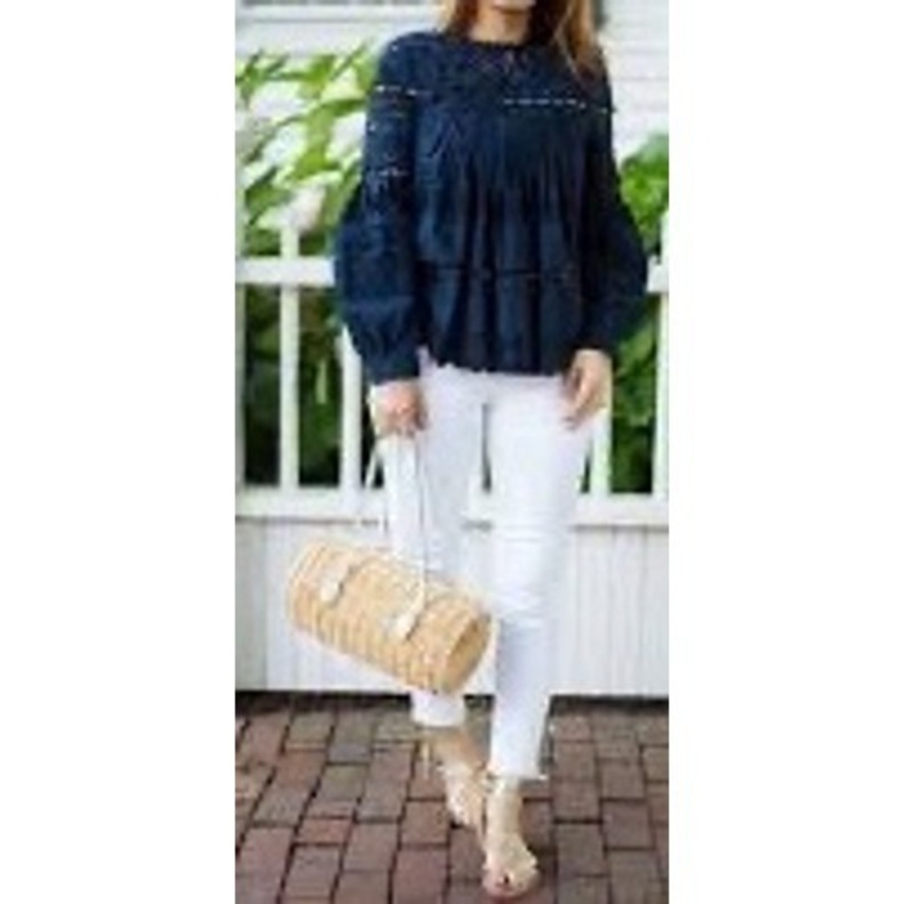 Sea New York Navy Lace Trimmed Cotton Eyelet Boho Blouse Top Size 10 - Picture 2 of 10